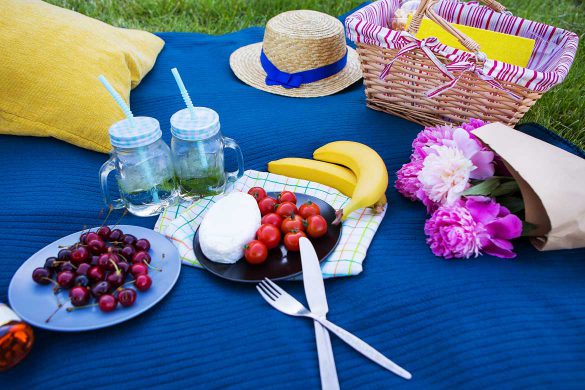 Gemütliches Sommerpicknick auf einer blauen Picknickdecke.